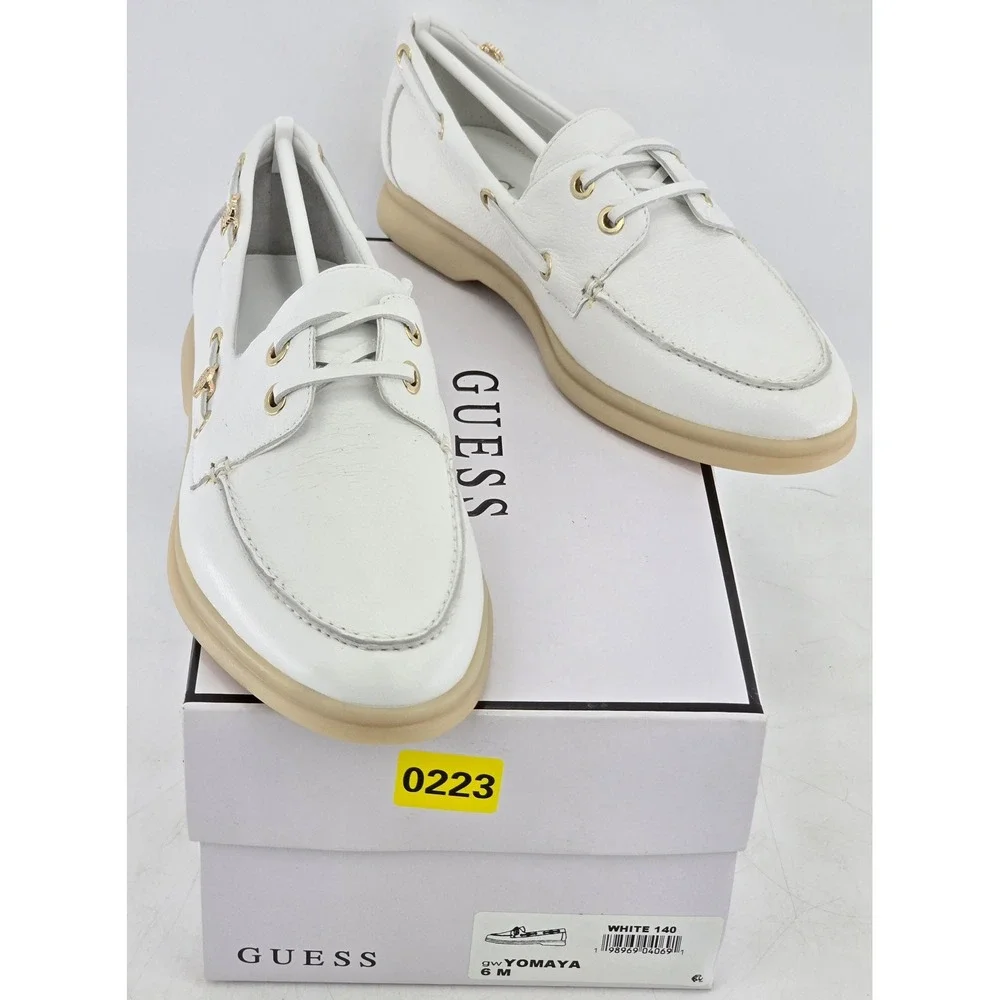 Guess Yomaya Boat Shoes Womens 6 White Leather Loafers Moccasins - NEW